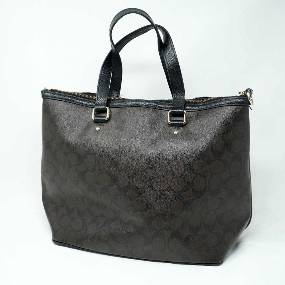 AUTHENTIC COACH PVC SIGNATURE LARGE SATCHEL BAG PURSE BROWN/BLACK - Picture 4 of 11
